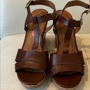 Franco Sarto Mira Brown Leather T-Strap Cork Wedge Sandals
